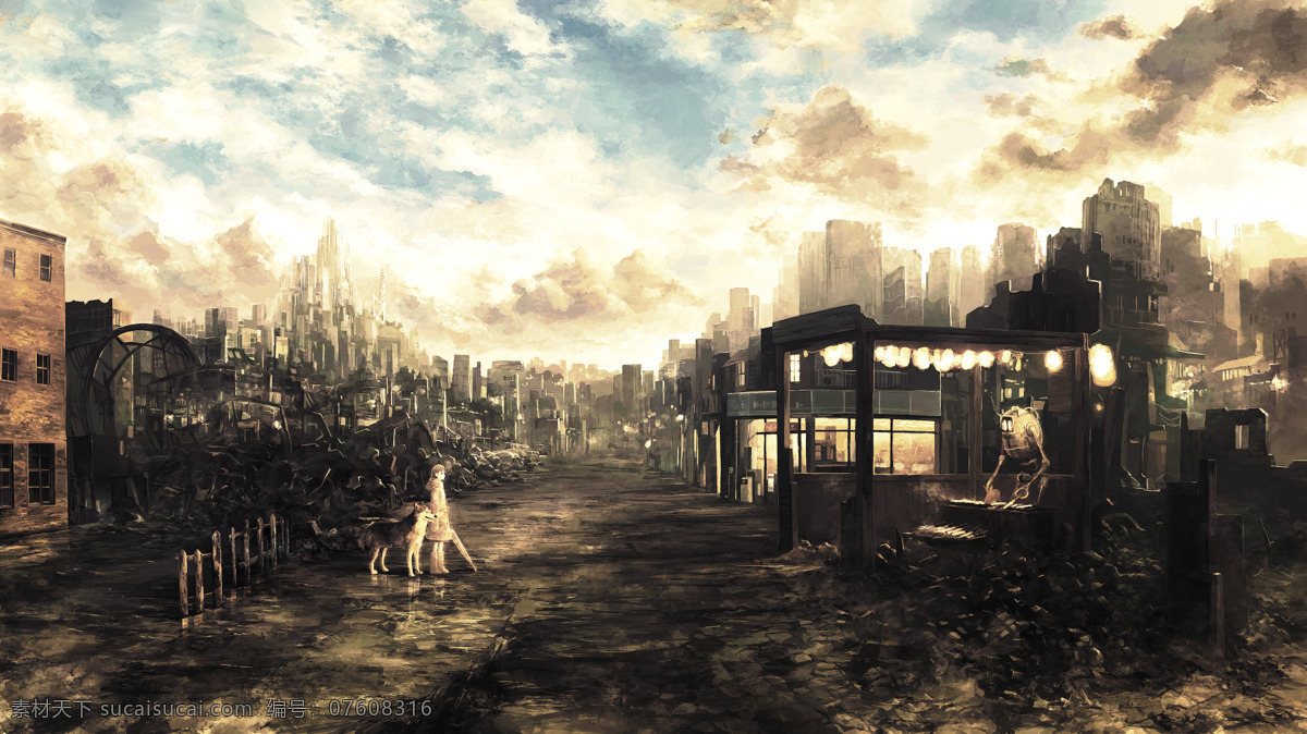废墟 小女孩 狗 机器人 动漫场景 风景漫画 动漫动画