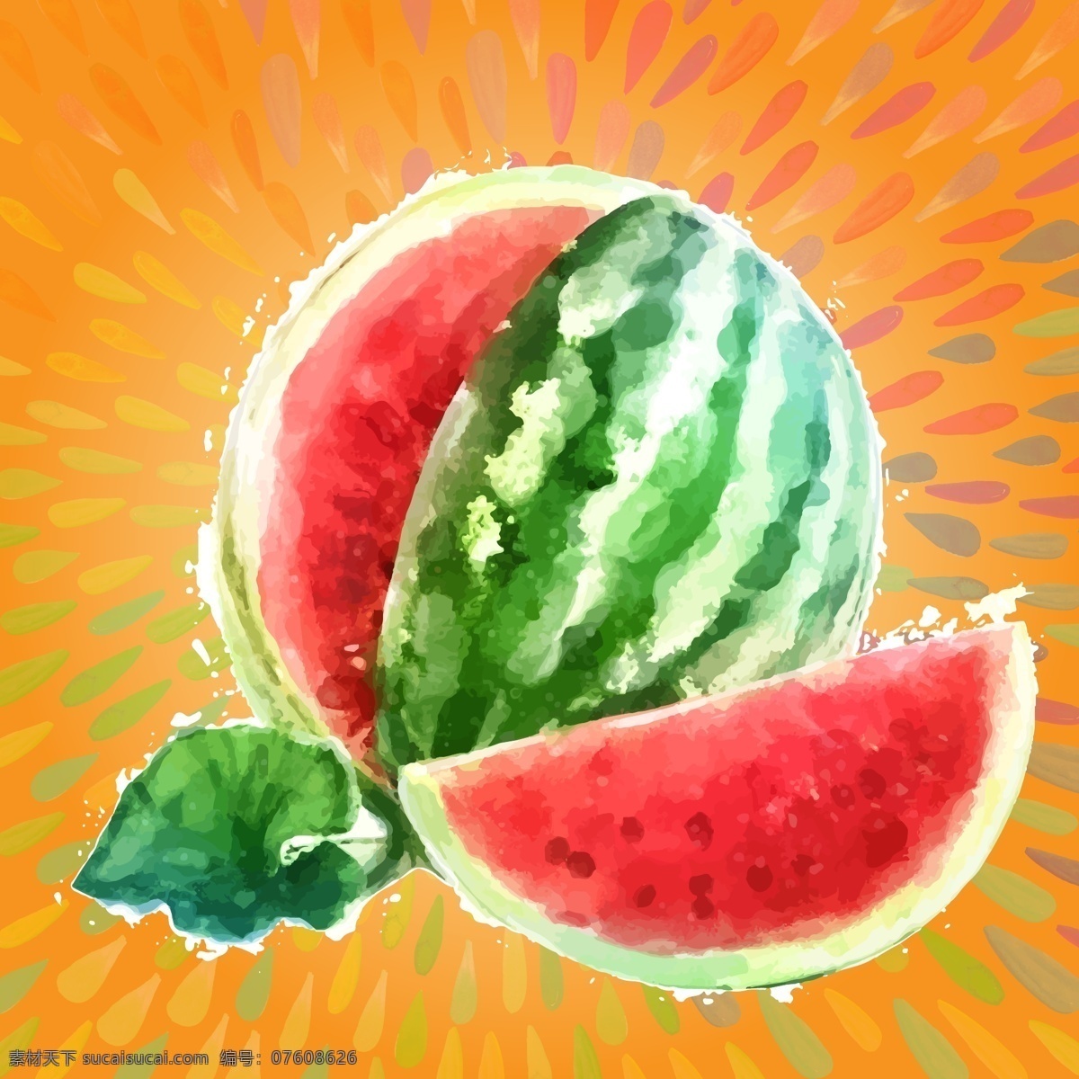 水彩西瓜 水彩 西瓜 大西瓜 西瓜角 水彩画 水粉画 西瓜插画 插画 绘画 艺术 美术 艺术绘画 创意西瓜 水果 创意水果 水果插画 手绘 手绘西瓜 手绘插画 矢量 矢量水彩 矢量插画 橙色 橙色背景 喷溅 放射 放射背景 水彩背景 笔触 飞溅 蔬菜 果蔬 文化艺术 绘画书法