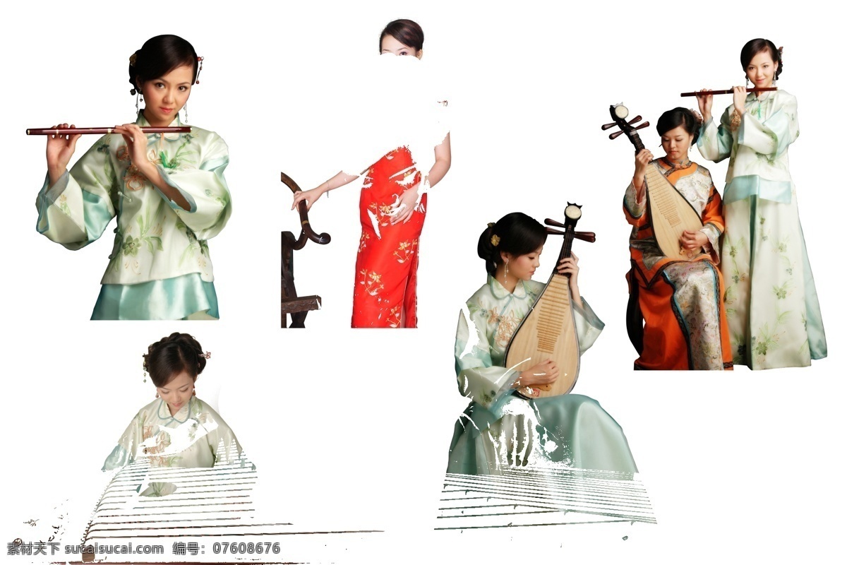 美女组合 古典美女 美女 琵琶 古筝 萧 红旗袍美女 椅子 女性世界图片 分层 人物 源文件库