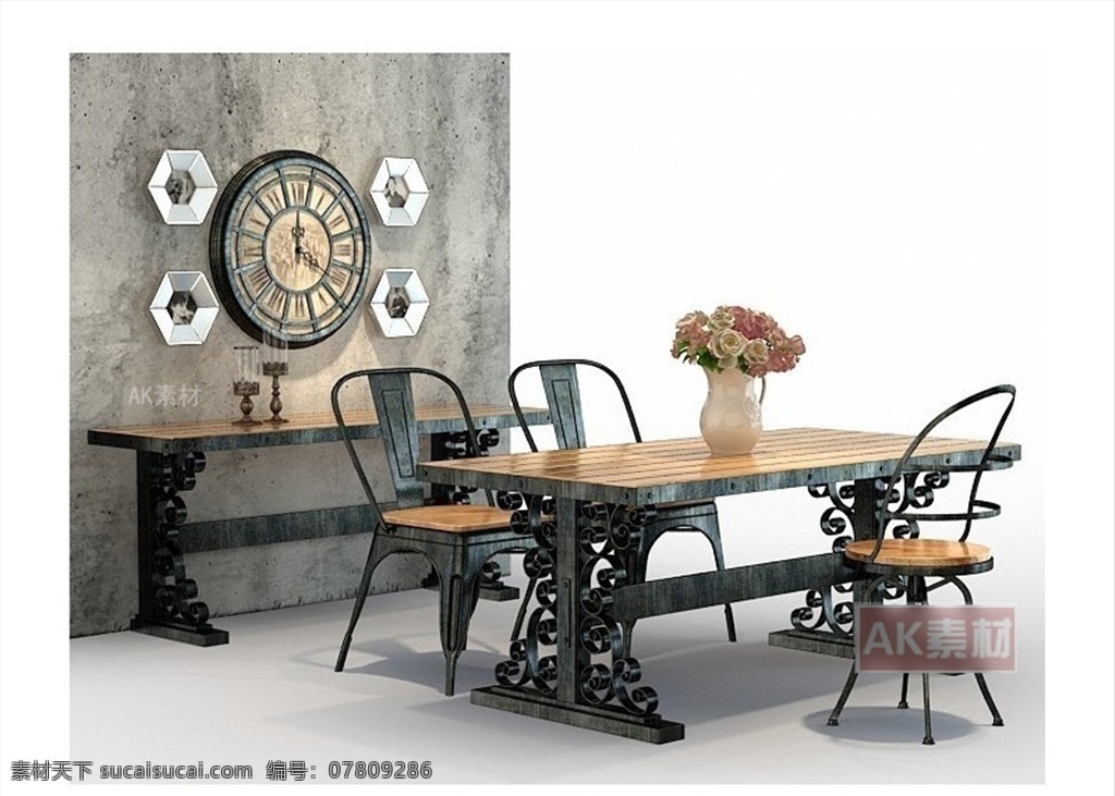 餐桌椅组合 陈设品 挂钟 软装模型 装饰品 家具模型 桌子 椅子 工业风模型 3d设计 室内模型 max