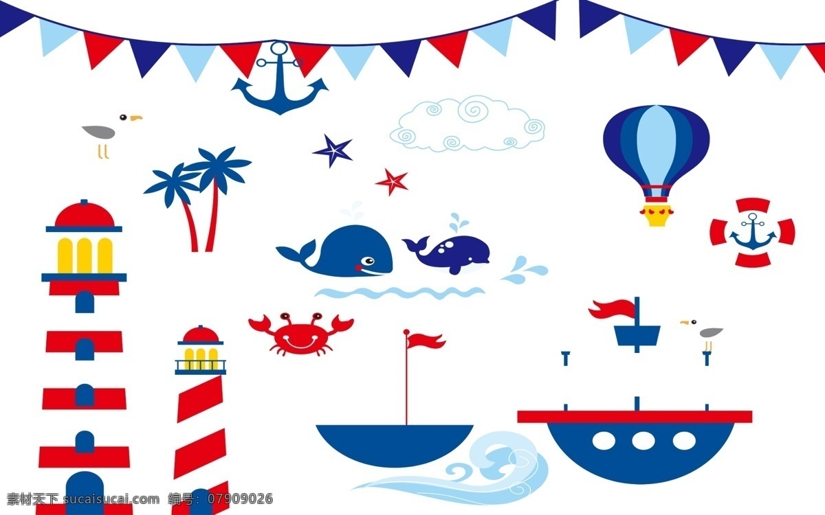 卡通画 矢量画 热气球 椰树 城堡 海上世界 海豚 卡通小船 psd素材