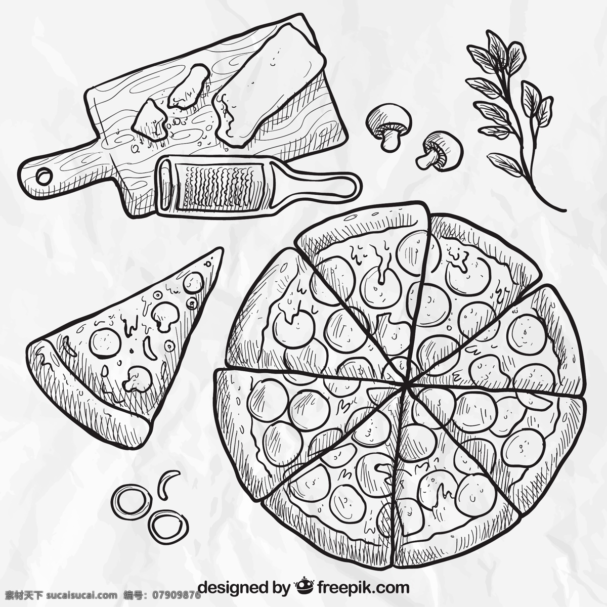 手绘的披萨 食物方面 餐厅 披萨 手绘 制图 意大利 插画 绘制 意大利食品 美味 粗略 白色