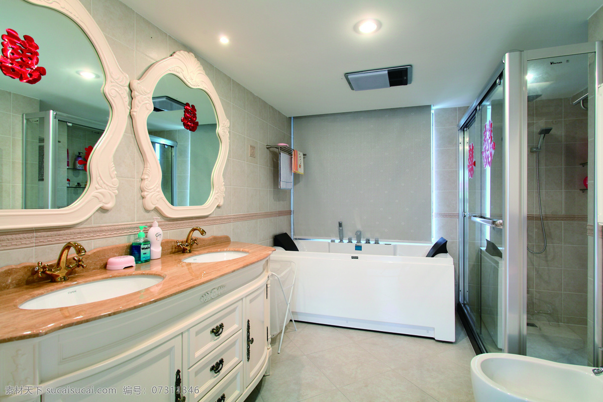 简约 卫生间 洗手盆 装修 效果图 白色射灯 方形吊顶 镜子 马桶 浅色地板砖 浴缸
