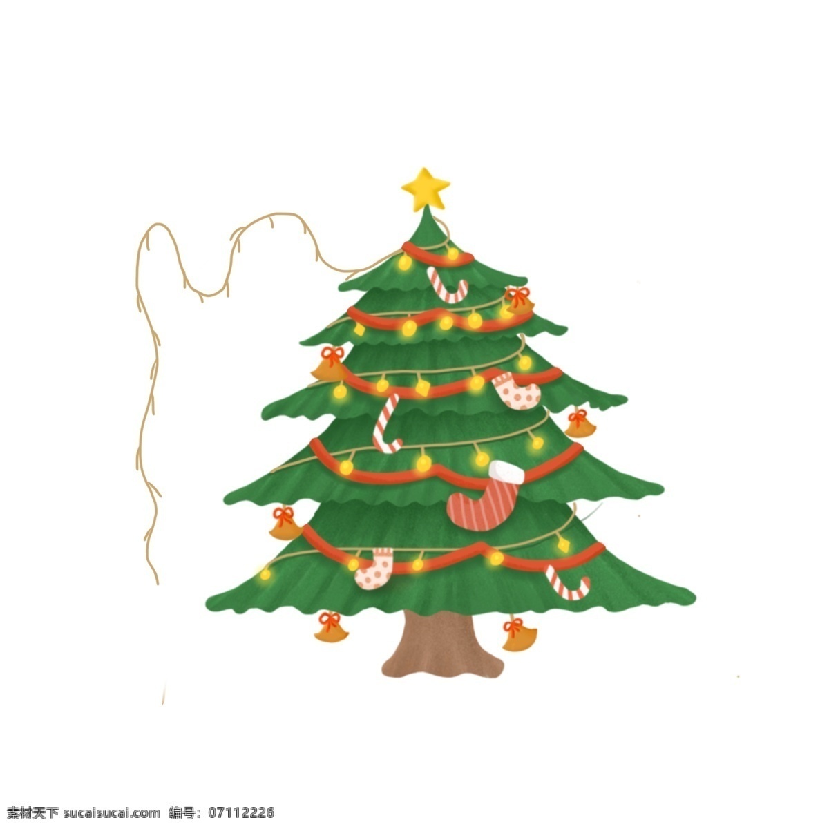 冬日 清新 圣诞树 装饰设计 圣诞节 装饰 星星 彩带 手绘 冬季 挂件 袜子 树木 植物