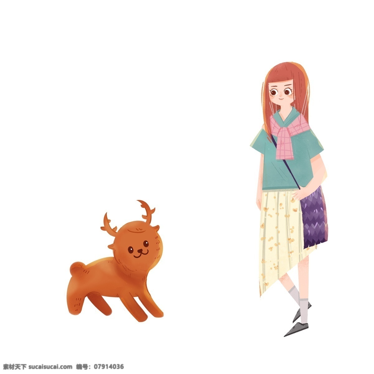 小 清新 女孩 麋鹿 治愈系 小清新 卡通 动物 温馨 插画
