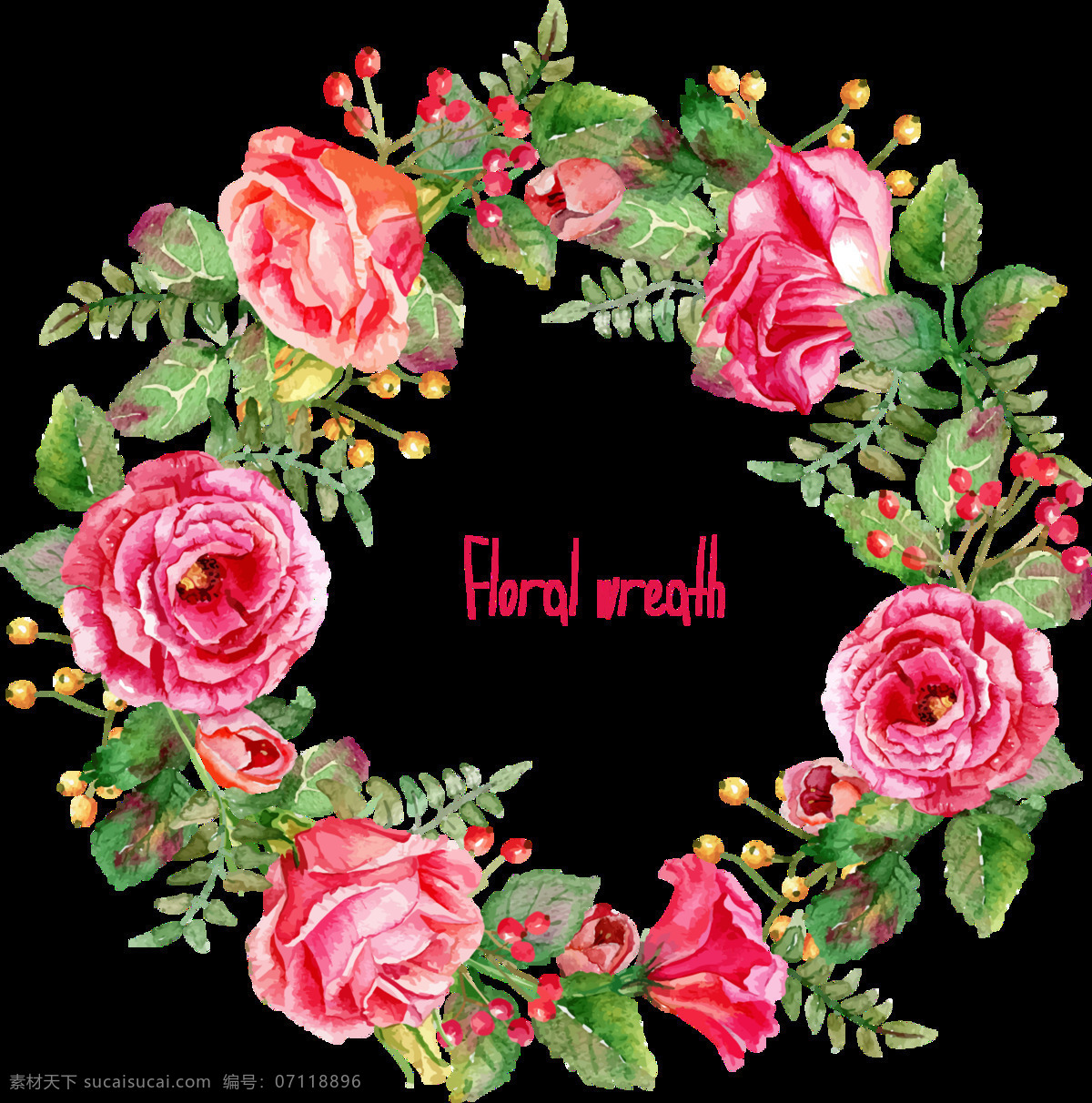 清新 玫 红色 花朵 手绘 花环 装饰 元素 花瓣 花环图案 玫瑰花 玫红色 英文字体