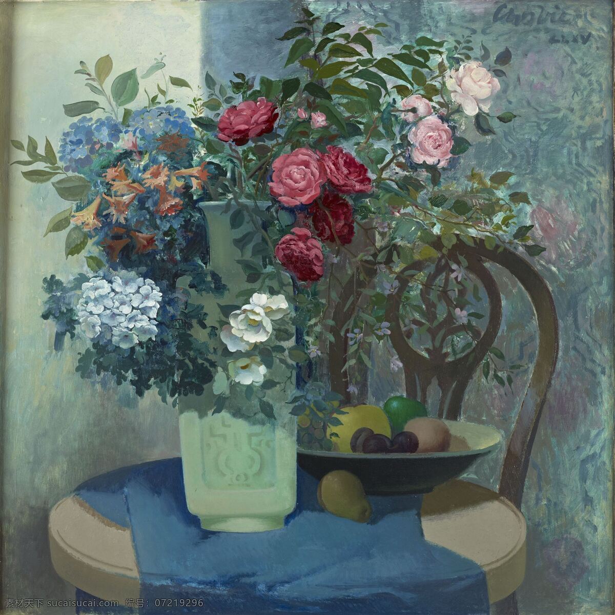 静物鲜花 混搭鲜花 中国式花瓶 水果 葡萄 梨 蓝色桌布 20世纪油画 油画 绘画书法 文化艺术