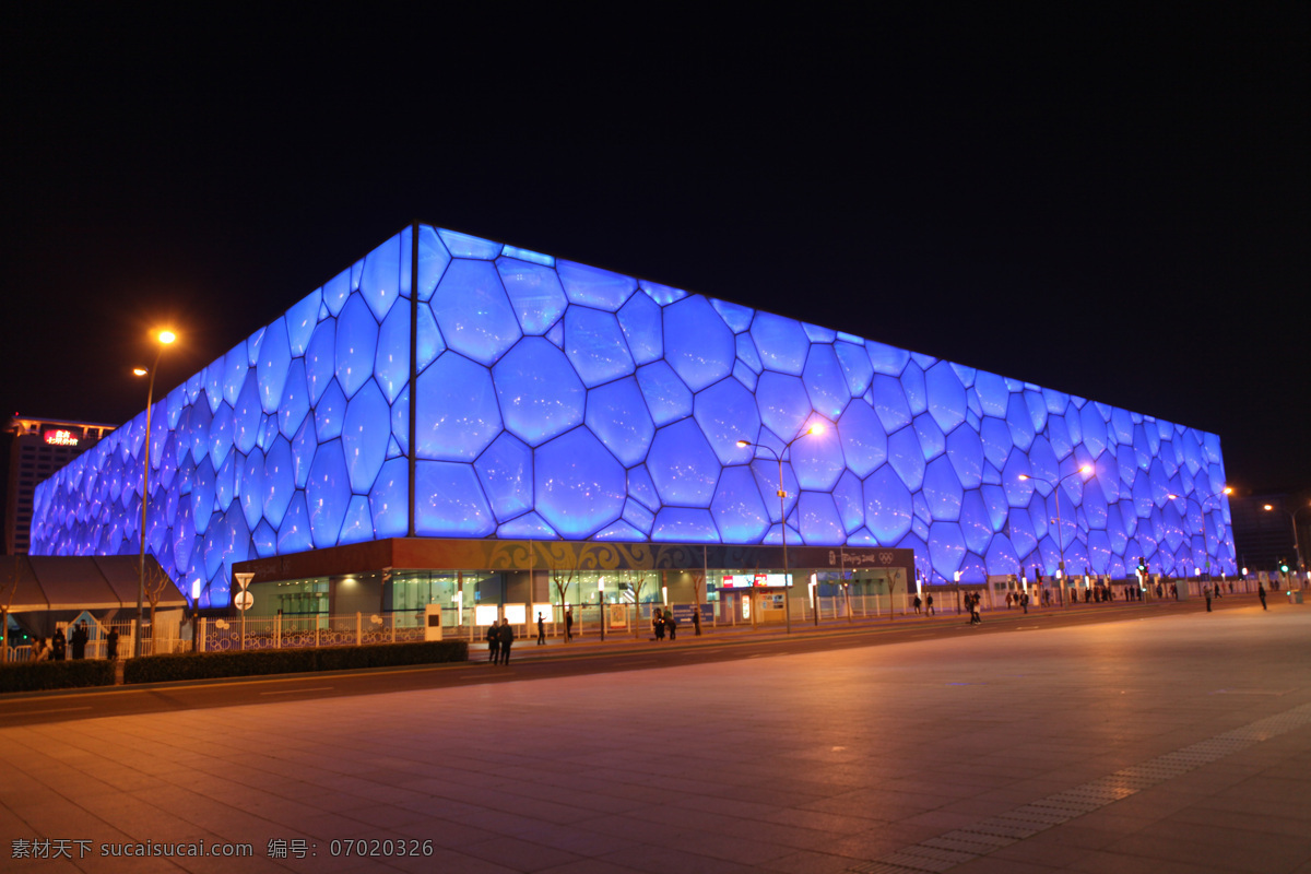 北京水立方 北京 奥运 水立方 蓝色 夜景 灯光 自然景观 建筑景观