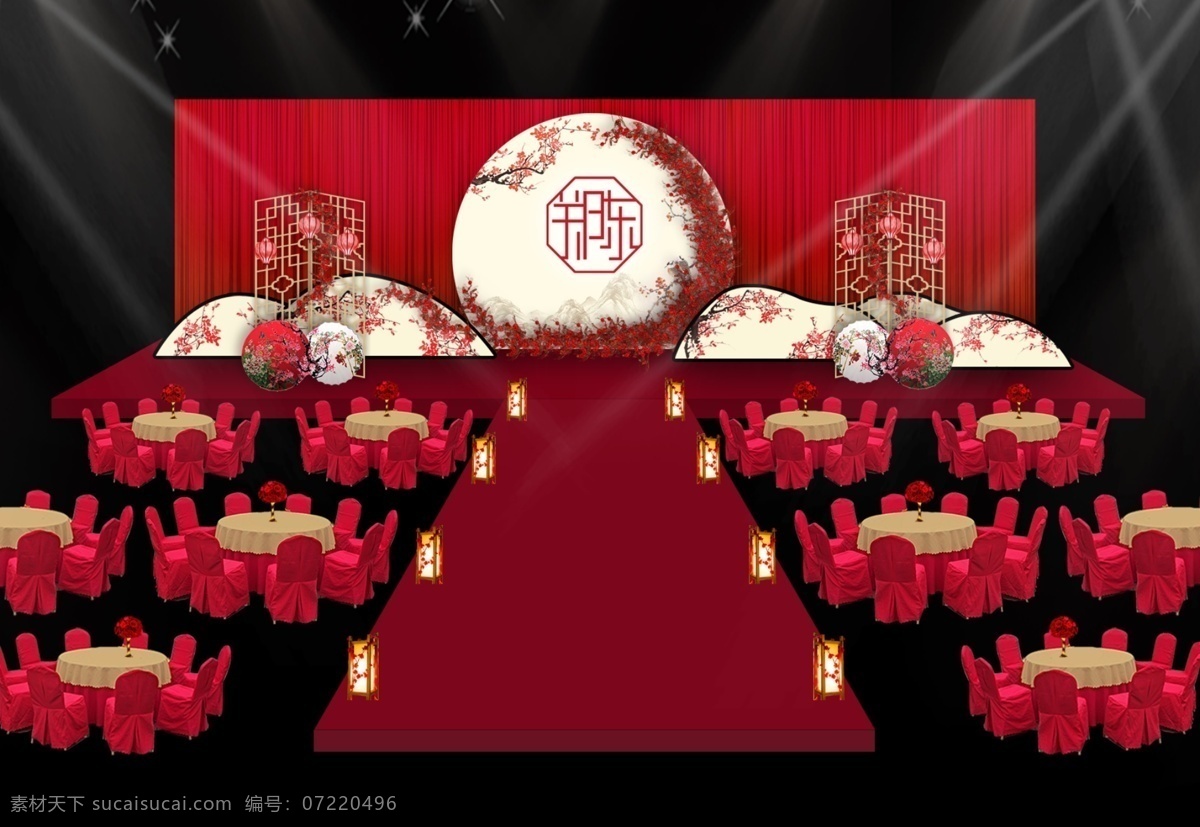 婚礼 效果图 中式 婚礼布置 红色 婚礼效果图 梅花 舞台 中式婚礼 主舞台效果图