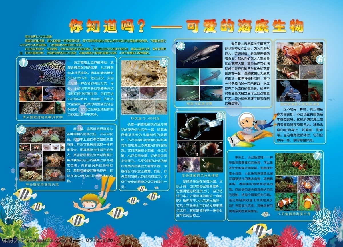 海底生物展板 海底生物 海洋 海底 鱼 卡通人 psd分层 海草 气泡 广告设计模板 源文件库
