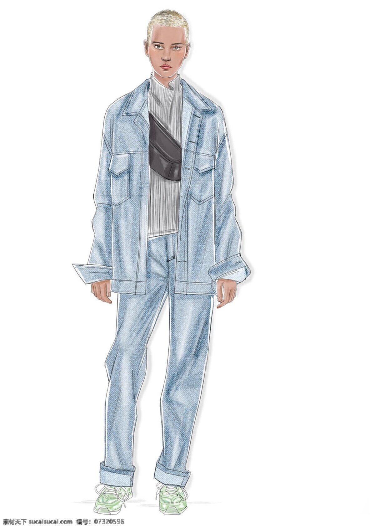 服装设计 服装效果图 牛仔裤 牛仔外套 女装 中性风 简约 中性 风 浅色 牛仔 套装 效果图