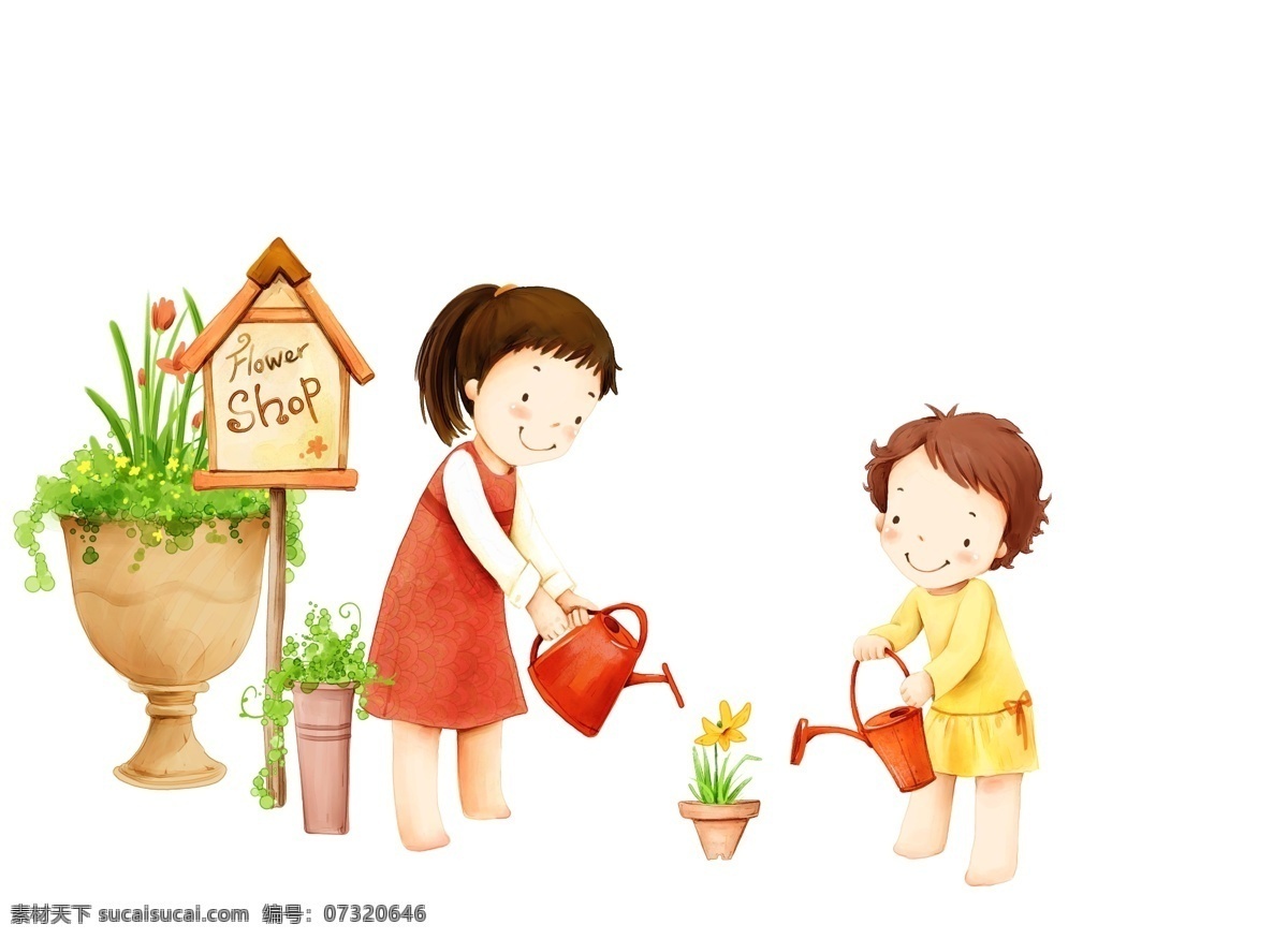 手绘 小朋友 浇 花 元素 卡通人物 手绘人物 小孩 植物 花洒 浇花 门排