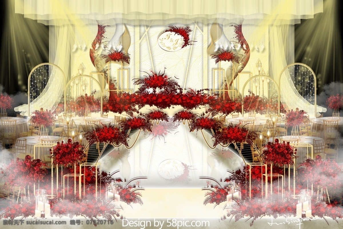 红 香槟 欧式 婚礼 仪式 区 拱门 帘子 异形kt 香槟色 婚礼效果图 流动感