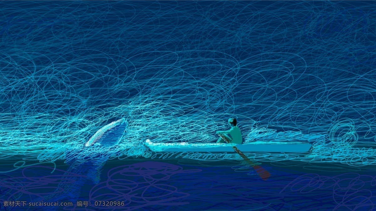 线圈 印象 深海 乘船 遇 鲸鱼 治愈 系 插画 深海遇鲸鱼 划船 船桨 治愈系 线圈印象