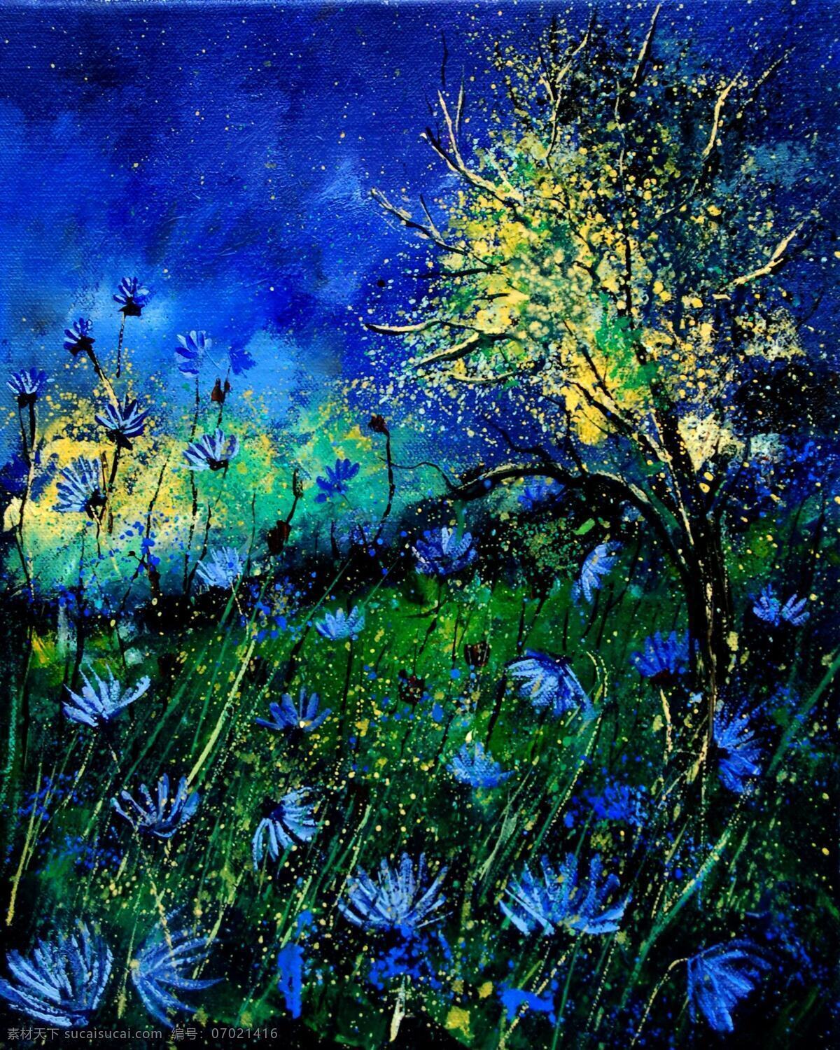 油画 蓝色的夜晚 油画风景 绘画 艺术 油画艺术 夜晚 蓝色 蓝色的花朵 花朵 野花 树木 蓝色的夜 西方油画 风景画 风景 景色 欧美油画 油画作品 挂画 绘画书法 文化艺术