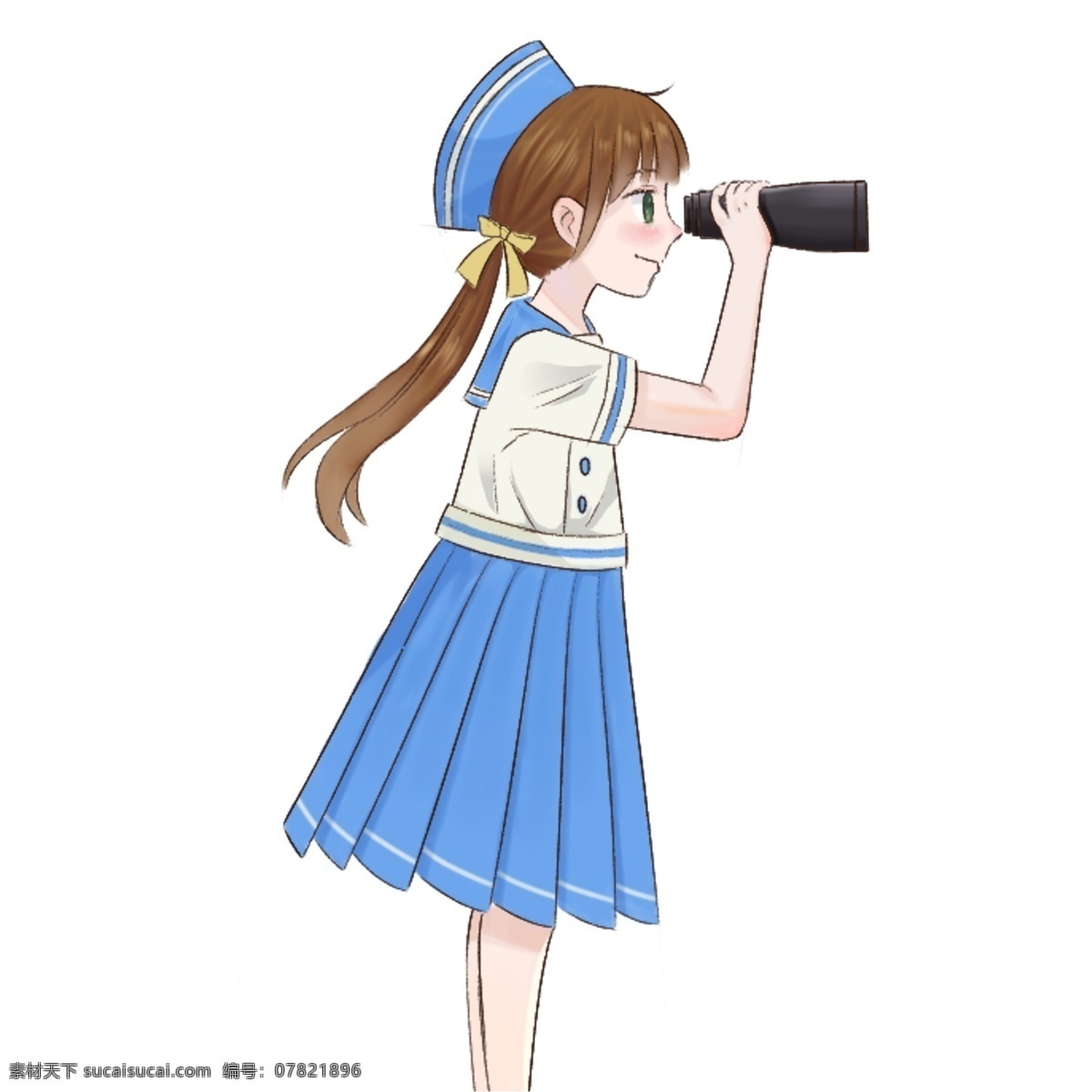 人物 女孩 看望 远镜 插画 蓝色 裙子 卡通 彩色 水彩 创意 手绘 绘画元素 现代 简约 装饰 图案