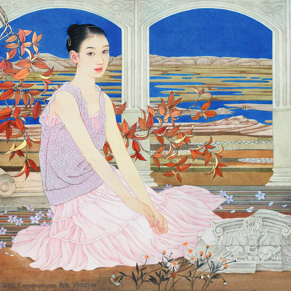 窗内窗外 绘画 中国画 彩墨画 工笔重彩画 人物 少女 靓女 女子 丽人 表情 姿态 服饰 发型 窗口 花草 树木 岛湖 远山 国画艺术 书法 印章 国画集37 绘画书法 文化艺术