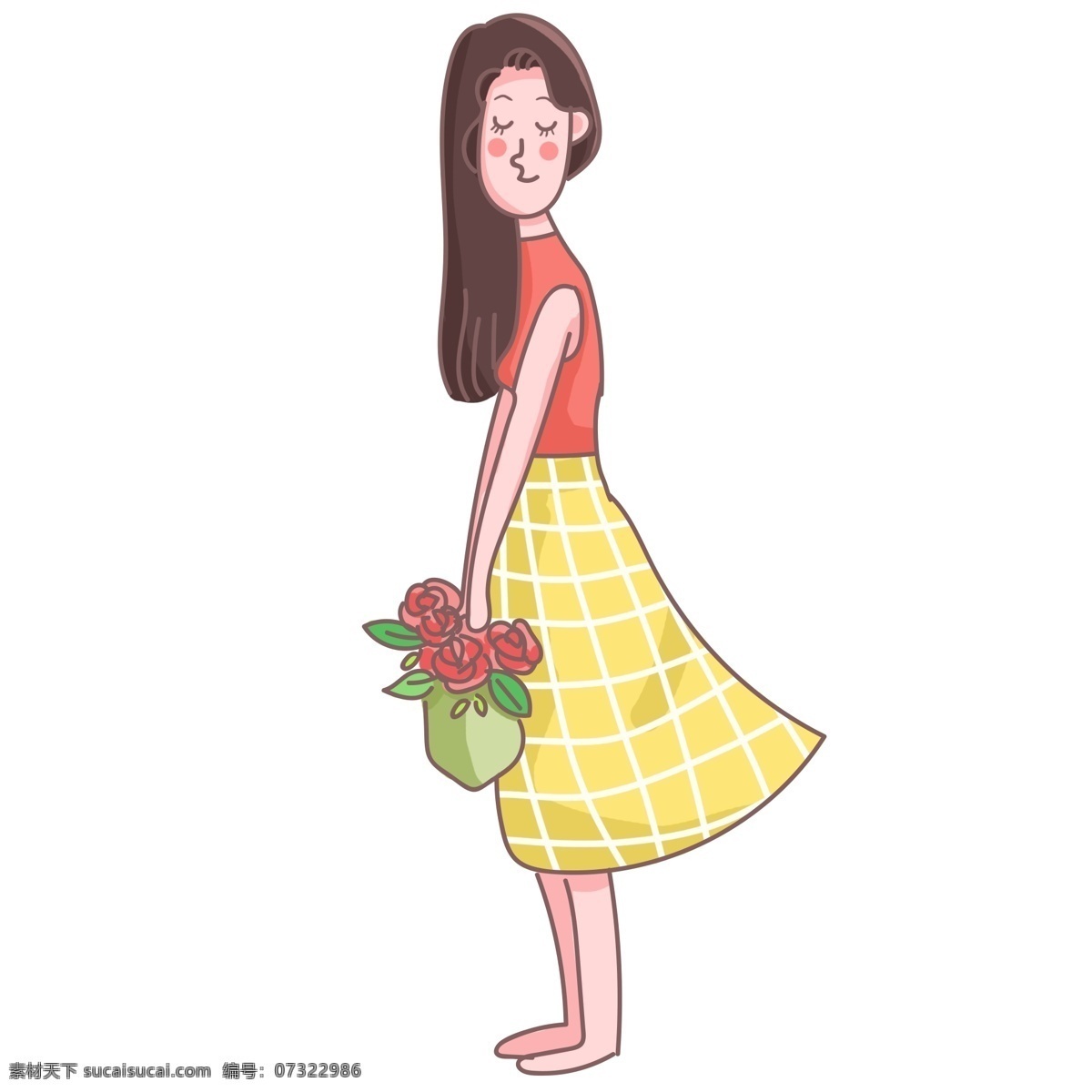 七夕 情人节 玫瑰花 女孩 裙子 浪漫 可爱 手绘 人物 清新 玫瑰 花 女人 连衣裙 卡通 配图 花篮 拿着花