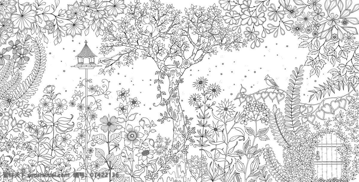 秘密花园 填色卡 树林 森林 花朵 简笔画 小学生 绘画 文化艺术 绘画书法 填色