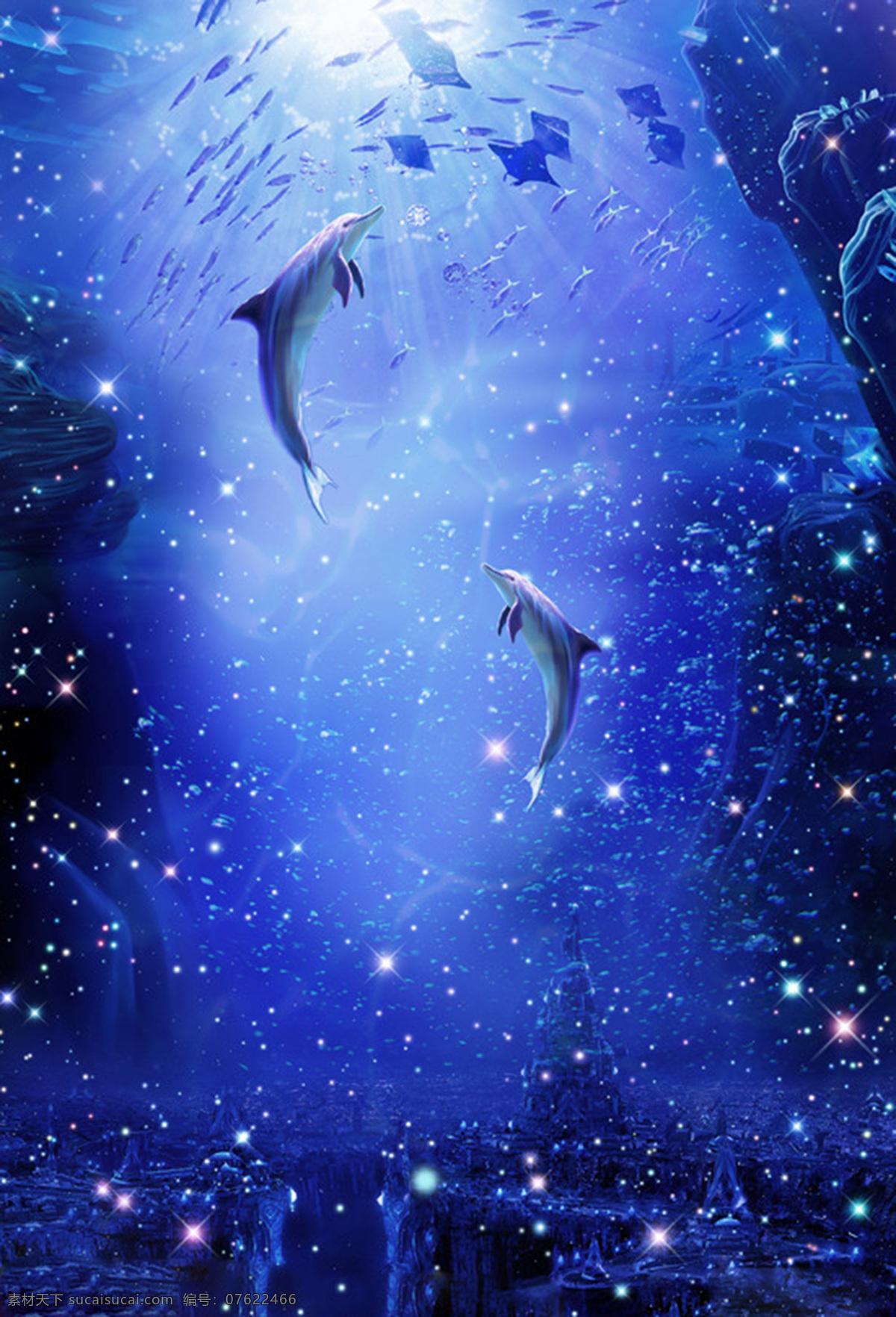 玄幻 海底 背景 海豚 深蓝 唯美 鱼群 背景图片