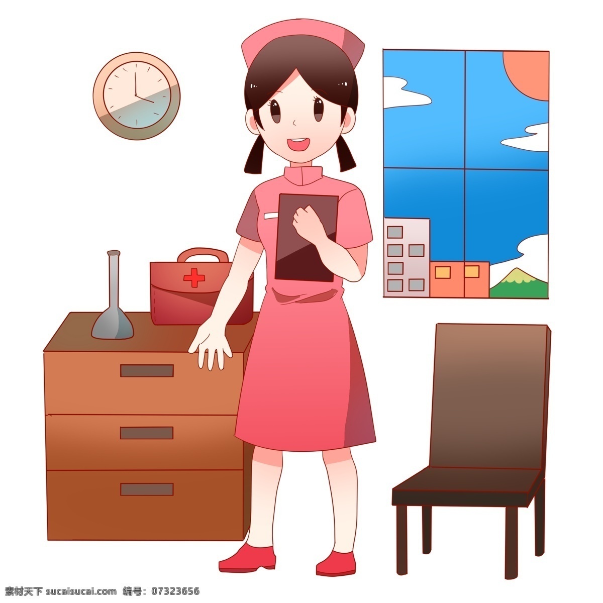 医疗 护士 急救包 医疗人物插画 黄色的桌子 黑色的桌子 圆形钟表 红色的医疗箱 红色的护士帽