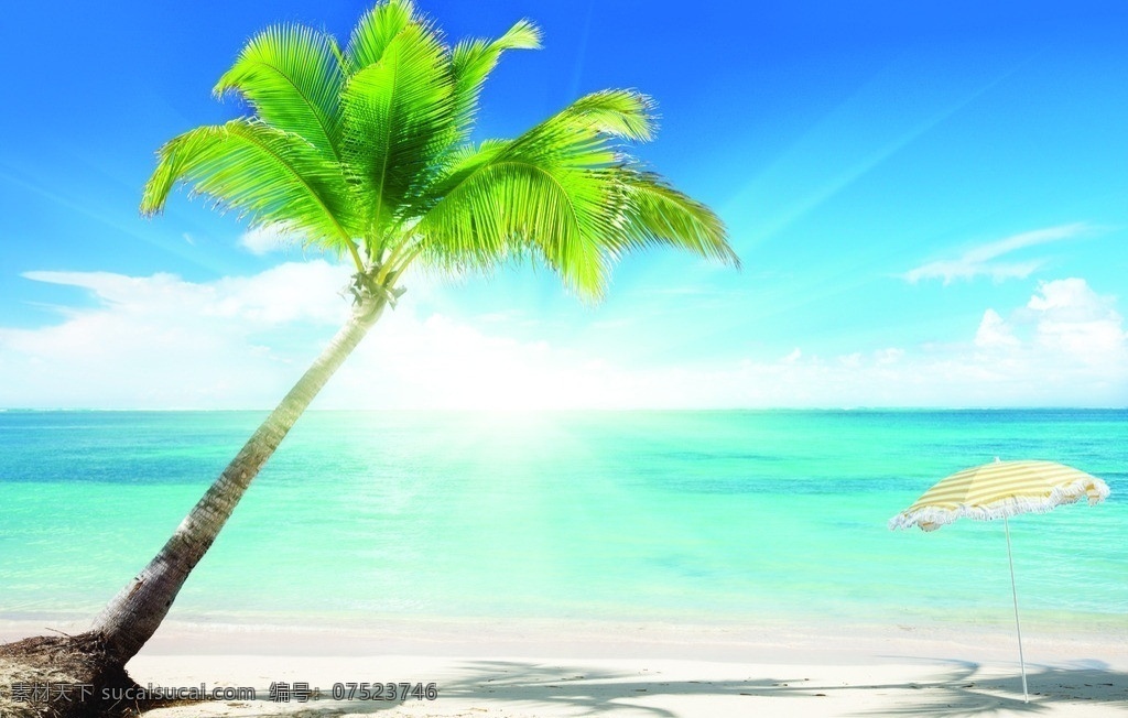 海边美景 蓝天 白云 大海 椰子树 沙滩 水天一线 风景 分层 源文件