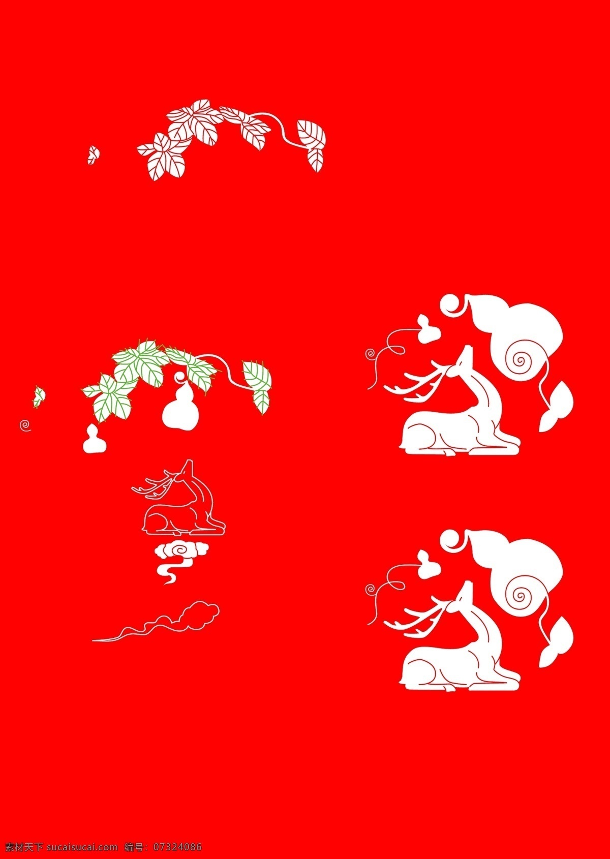 福禄寿 矢量 插画 鹿 葫芦 藤蔓 花纹 红色 可爱 生动 底纹边框 条纹线条
