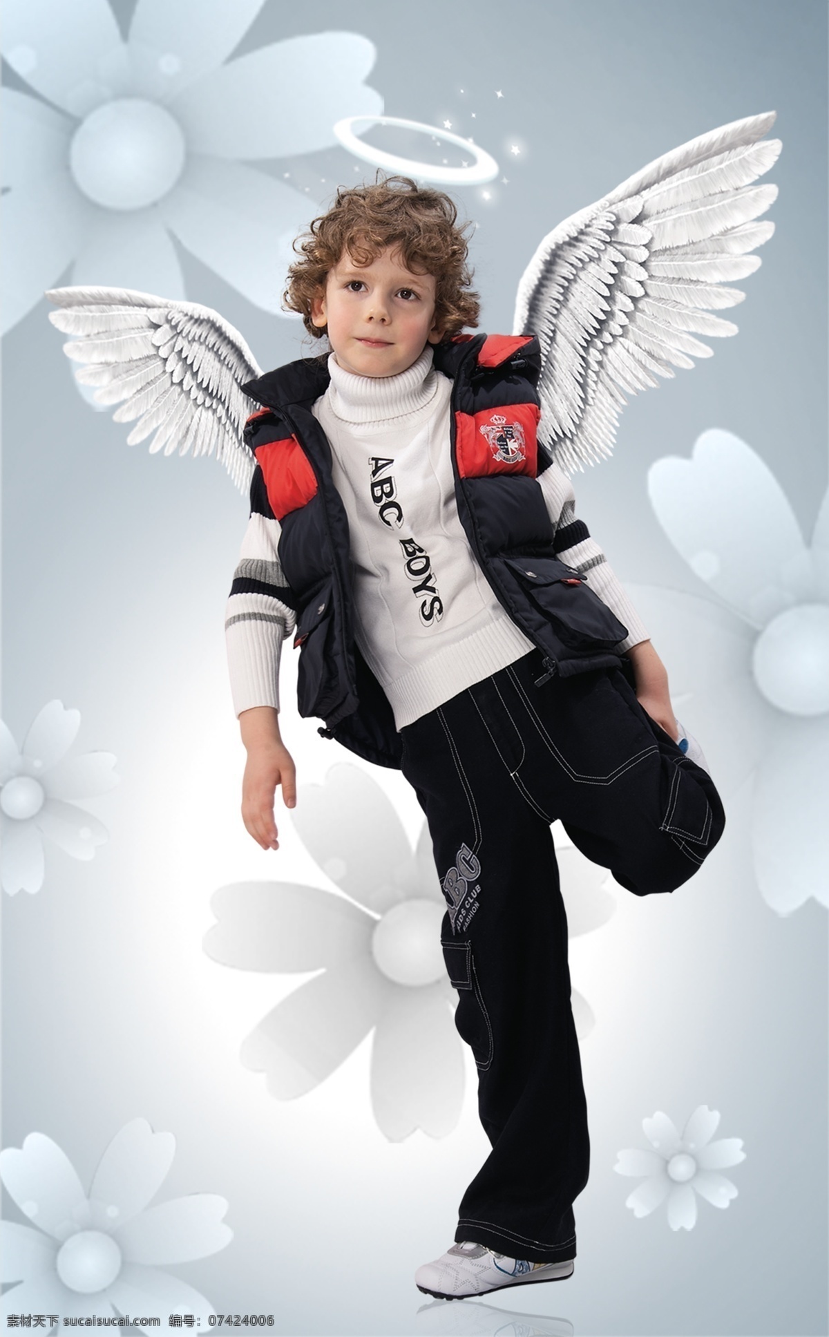 超市服装吊牌 服装海报 儿童 童装 翅膀 花朵 儿童羽绒服 天使光环 展板模板 广告设计模板 源文件