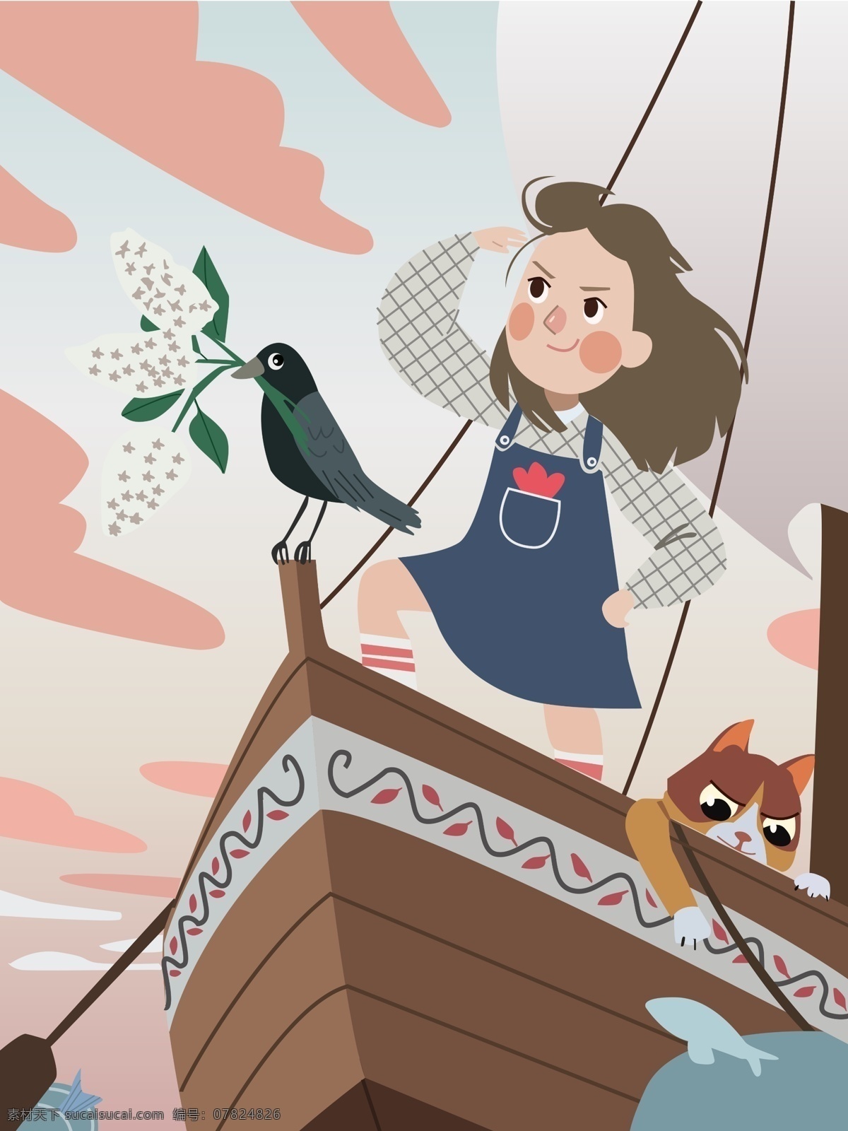 六月 幻想 女孩 航海 梦想 插画 六月你好 船 海面 猫 航行 夏天