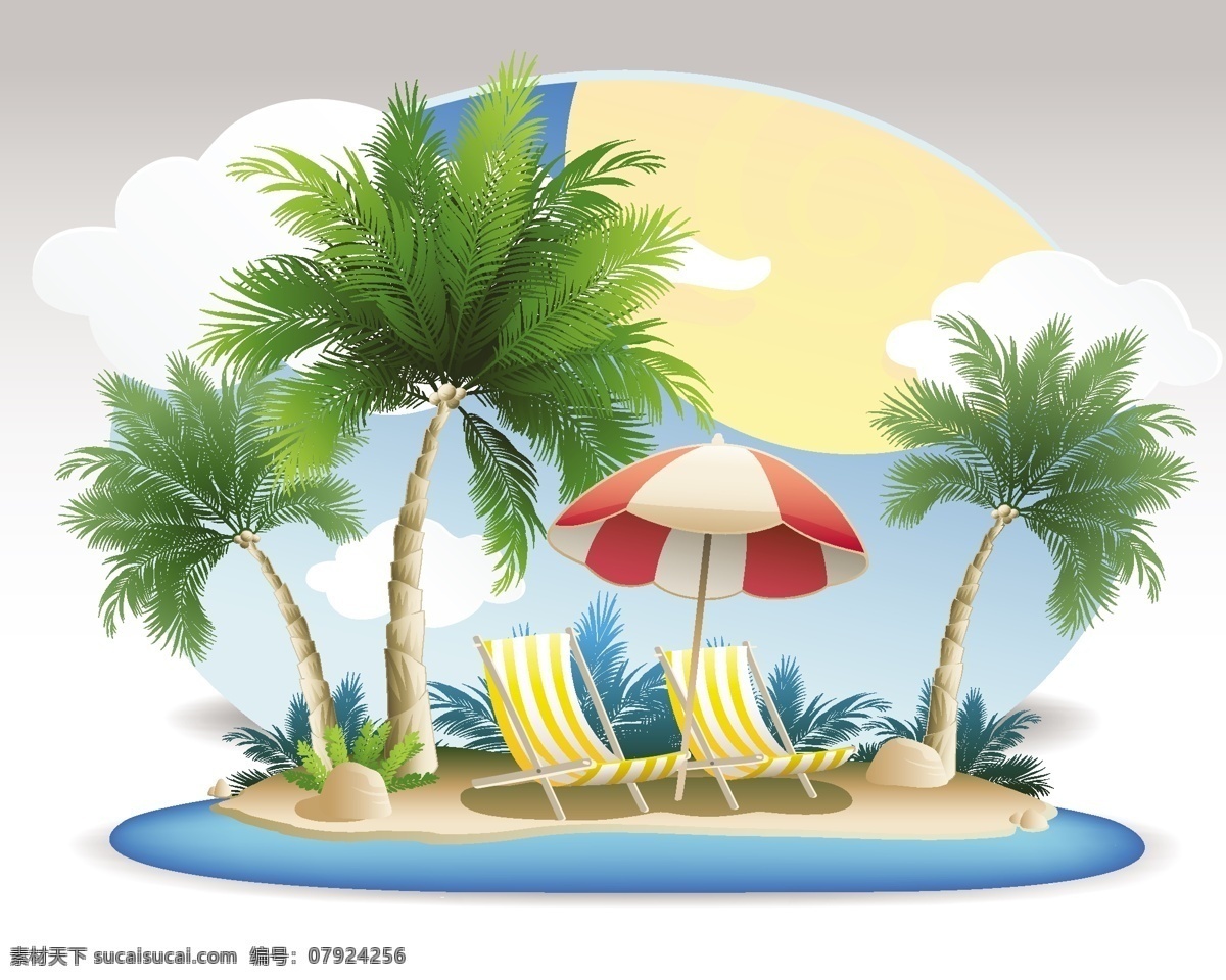 夏季 沙滩 椰林 矢量 白云 度假 海滩 假日 蓝天 沙滩椅 太阳 躺椅 夏日 小岛 遮阳伞 热带岛屿 椰子树 矢量图 其他矢量图