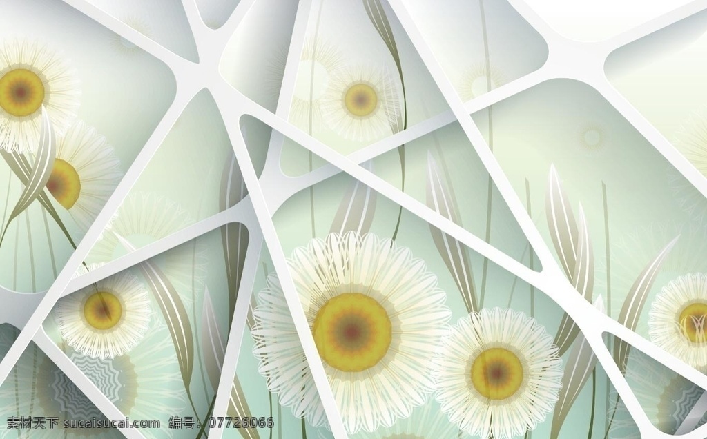 3d 立体 梦幻 白色 花朵 背景墙 向日葵 网格 叶子 背景墙移门 环境设计 其他设计