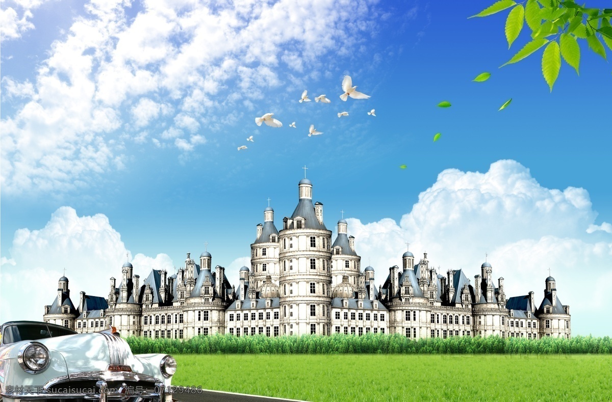 欧洲传统建筑 建筑 风景 汽车 城堡 天空 鸽子 草地 欧式城堡建筑 分层 白色