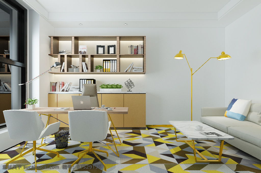 简约 风格 办公室 效果图 时尚 沙发 3d 现代 地毯 书柜
