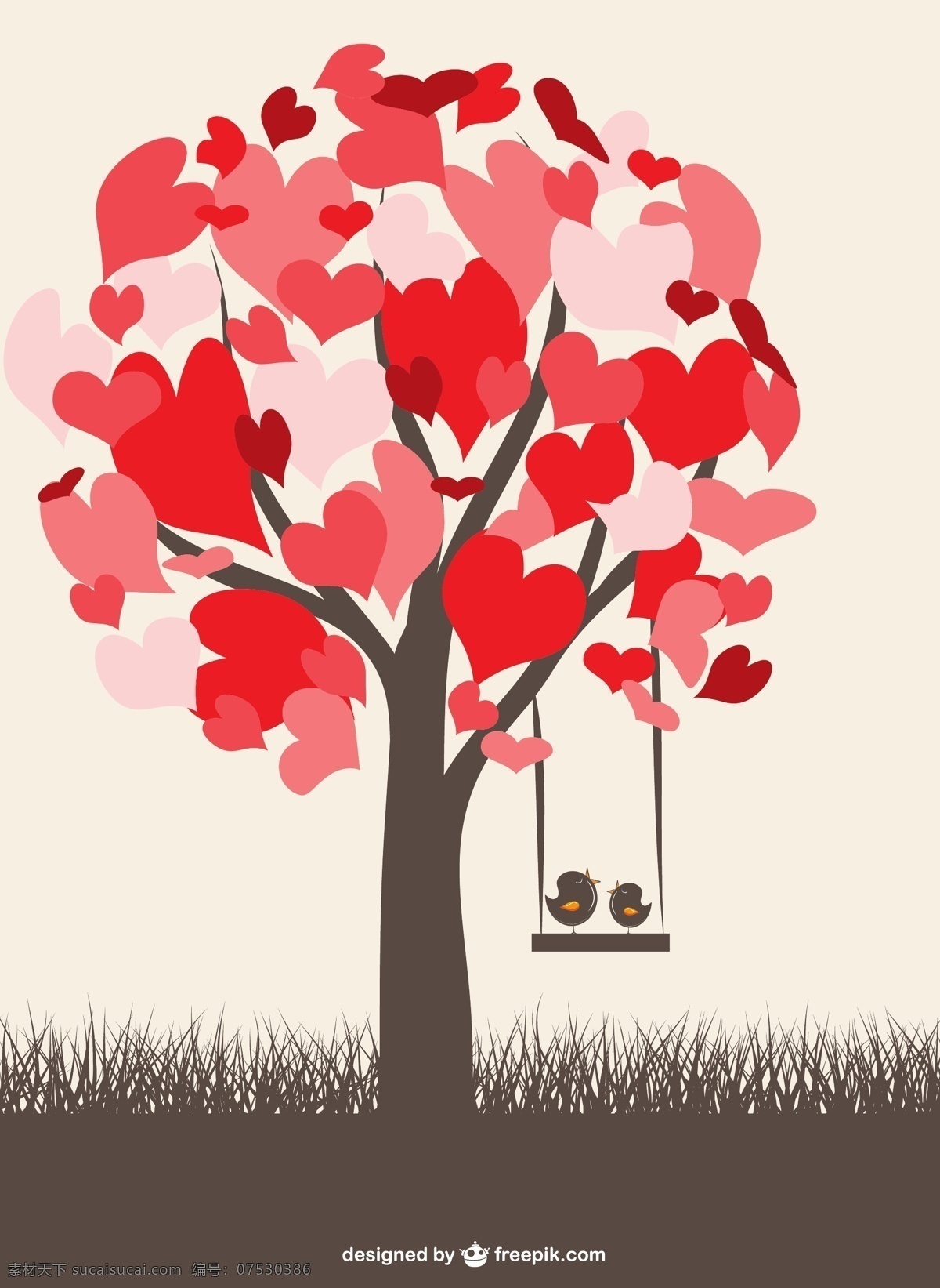 爱情鸟的图形 树 心 爱 卡片 自然 图形 鸟类 情侣 平面设计 插图 爱鸟 荡 日 浪漫 爱情 二月 垂直 白色