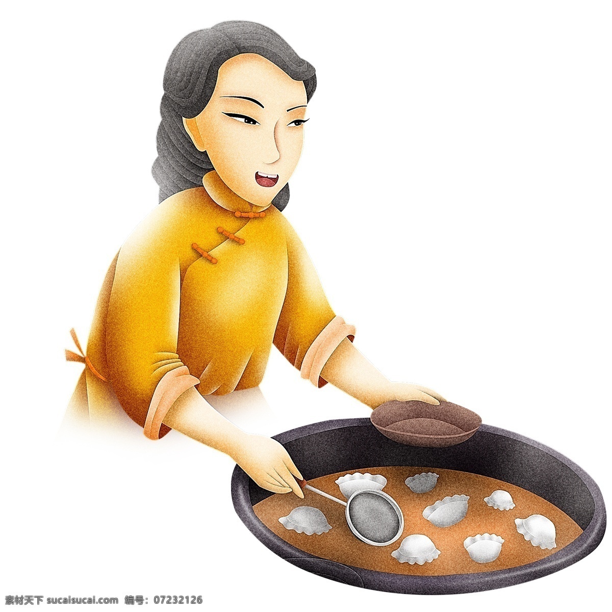 手绘 煮 饺子 中年 妇女 人物 卡通手绘 插画 创意设计 盘子 煮饺子 锅子 漏勺 女人 冬至 二十四节气