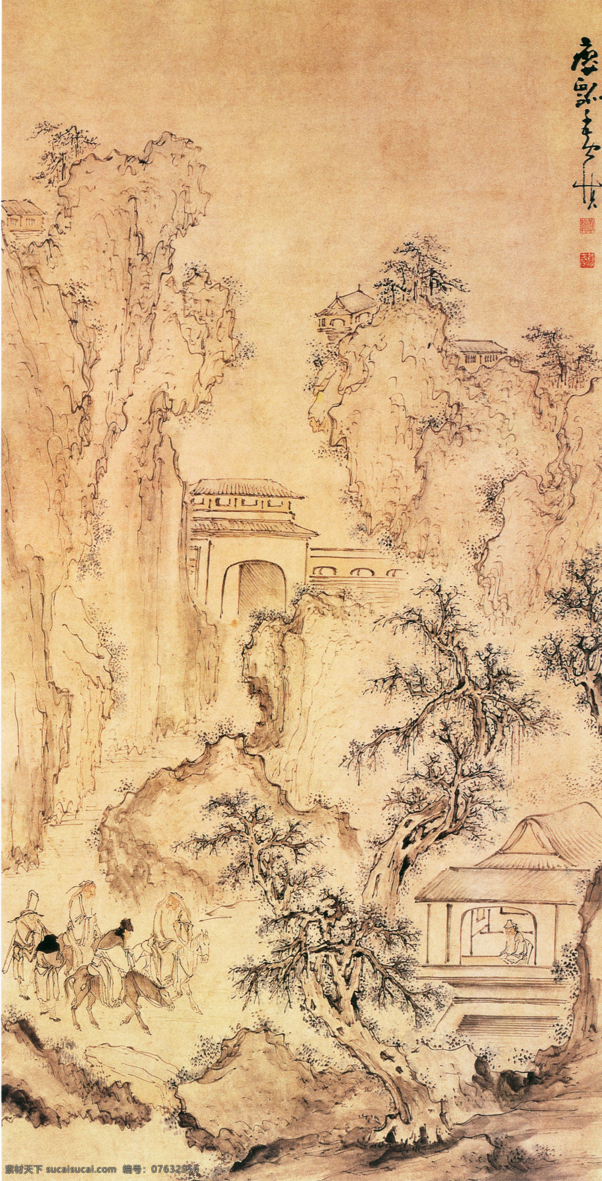 携琴访友 山水画 中国 古画 中国古画 设计素材 山水名画 古典藏画 书画美术 黄色