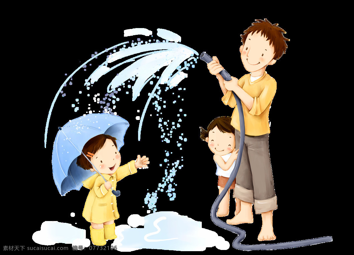 玩 喷水 的卡 通 人物 图案 喝水 卡通人物 设计图 设计元素 透明素材 雨伞 装饰图片 装饰物