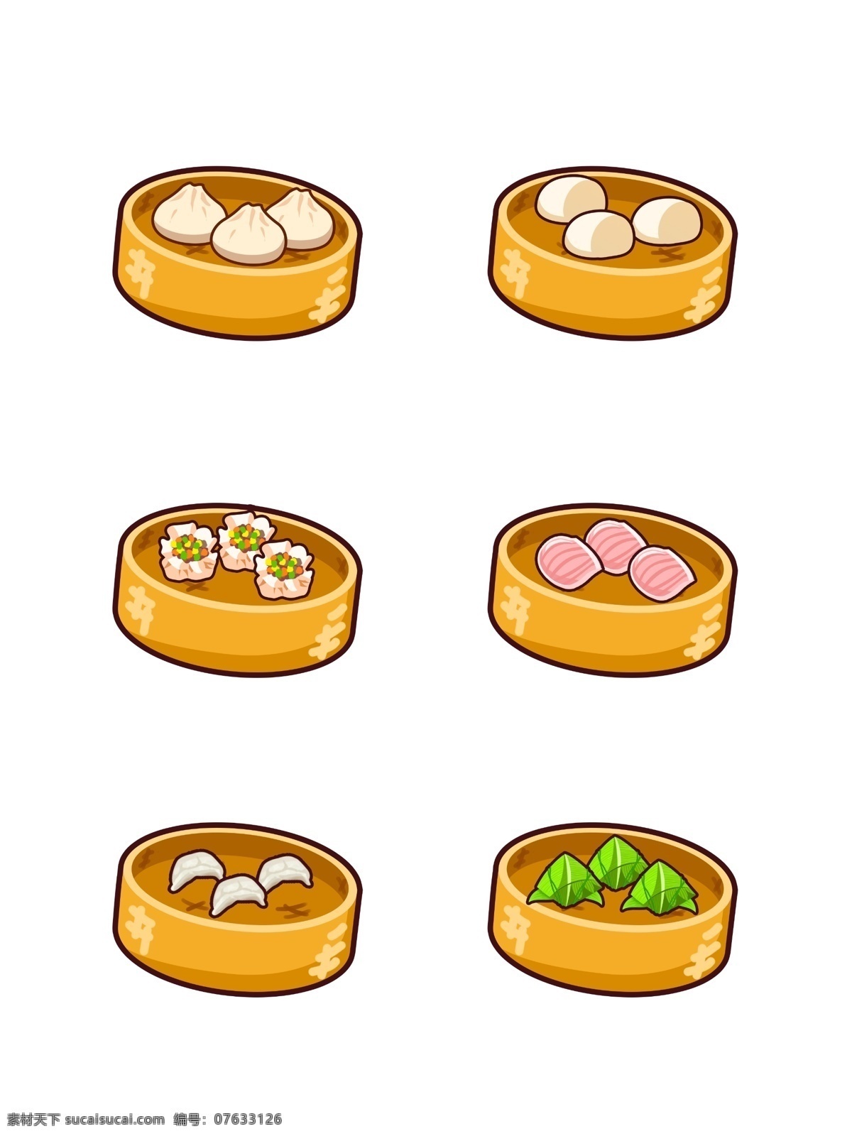 中式 早餐 糕点 食物 套 图 粽子 包子 饺子 卡通 烧麦 虾饺 馒头 矢量 中式糕点 可商用 食物元素