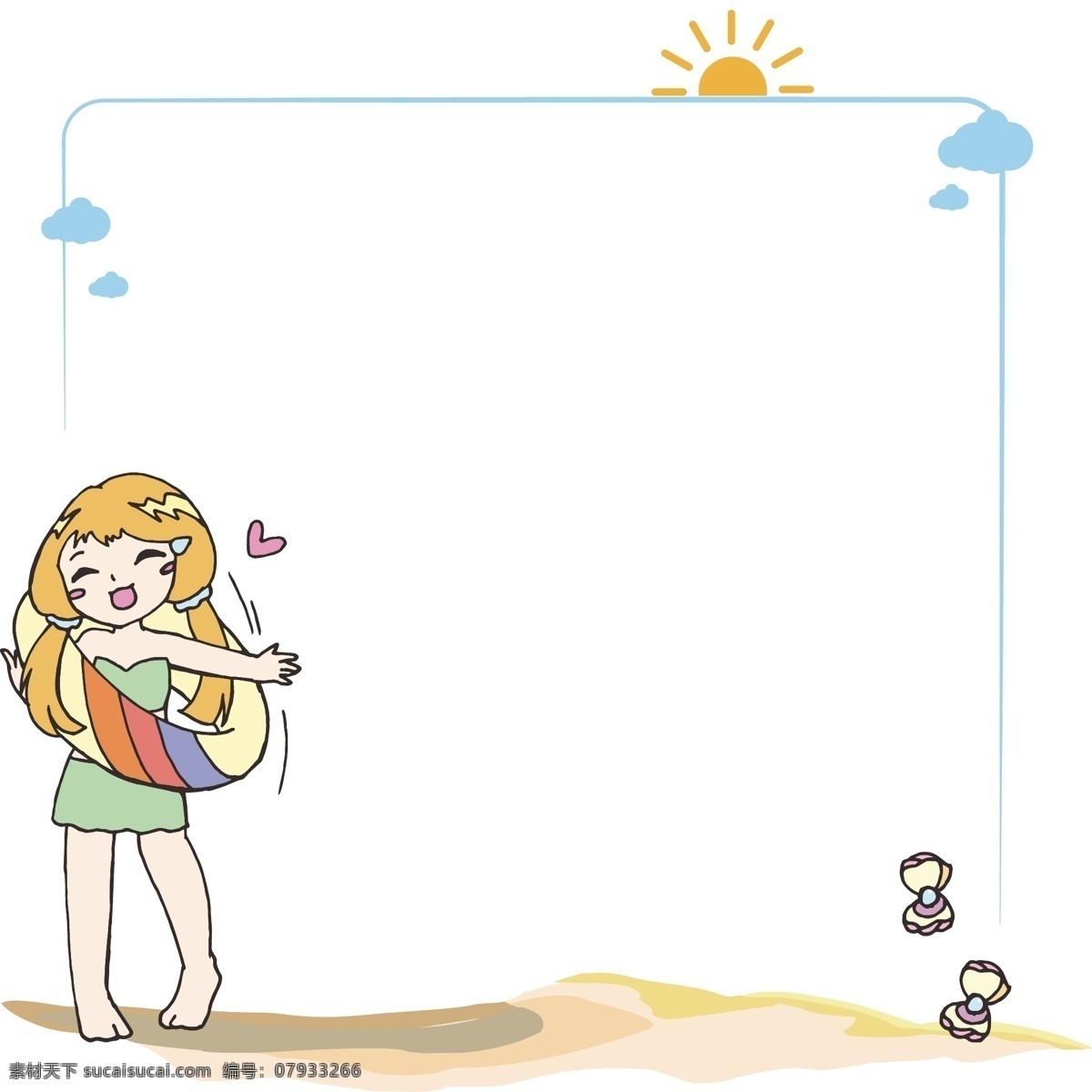 夏日 海滩 穿 泳装 小女孩 边框 矢量 免 抠 夏日海滩 沙滩 可爱边框 可爱女孩 泳装少女 珍珠贝壳 白云 蓝天 太阳 夏天 游泳 泳圈 开心