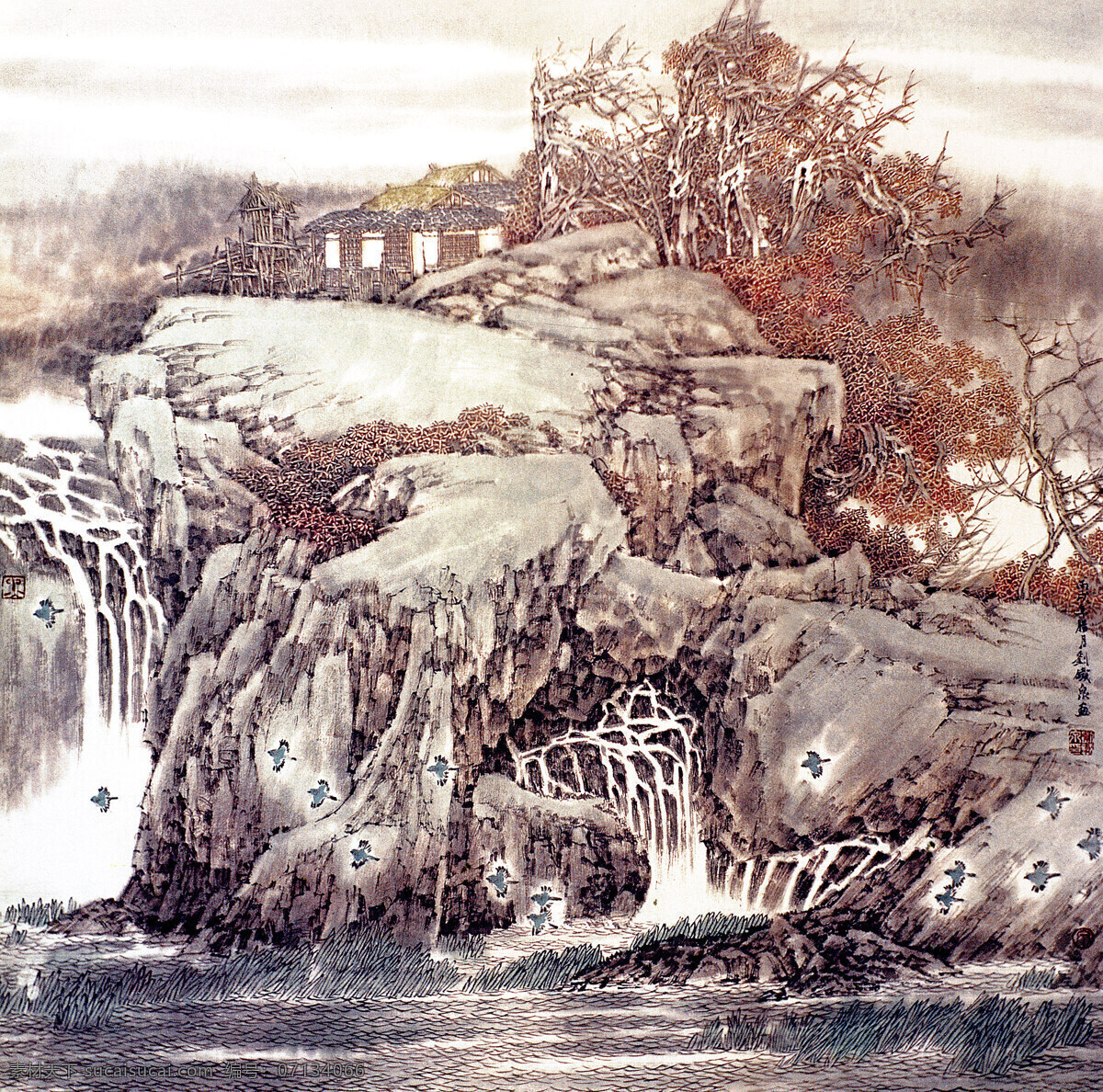 十里山水 工笔山水画 中国水墨画 山水风景 小写意画 传统中国画 山亭 木桥 松树树木 飞鸟 瀑布 刘铁 泉 工笔 山水 绘画书法 文化艺术