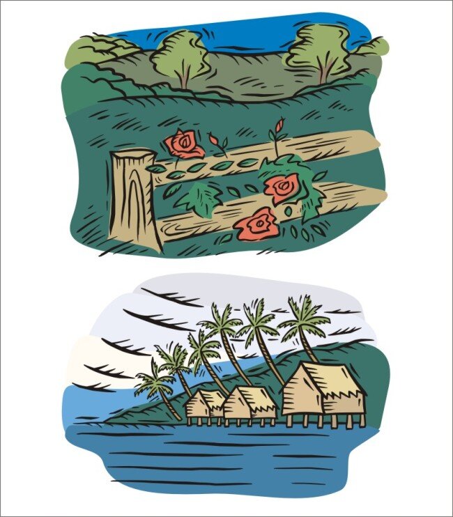 海边 风景 海边风景 手绘 椰树 水屋 矢量图 其他矢量图