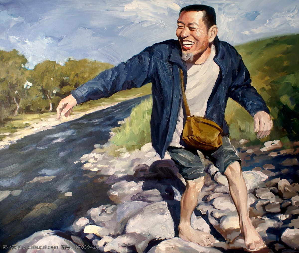 表情 大叔 动作 服装 绘画书法 美术 男人 老卒过河 油画 男子汉 壮年 姿势 野外 溪流 树木 石头 油画艺术 文化艺术 家居装饰素材