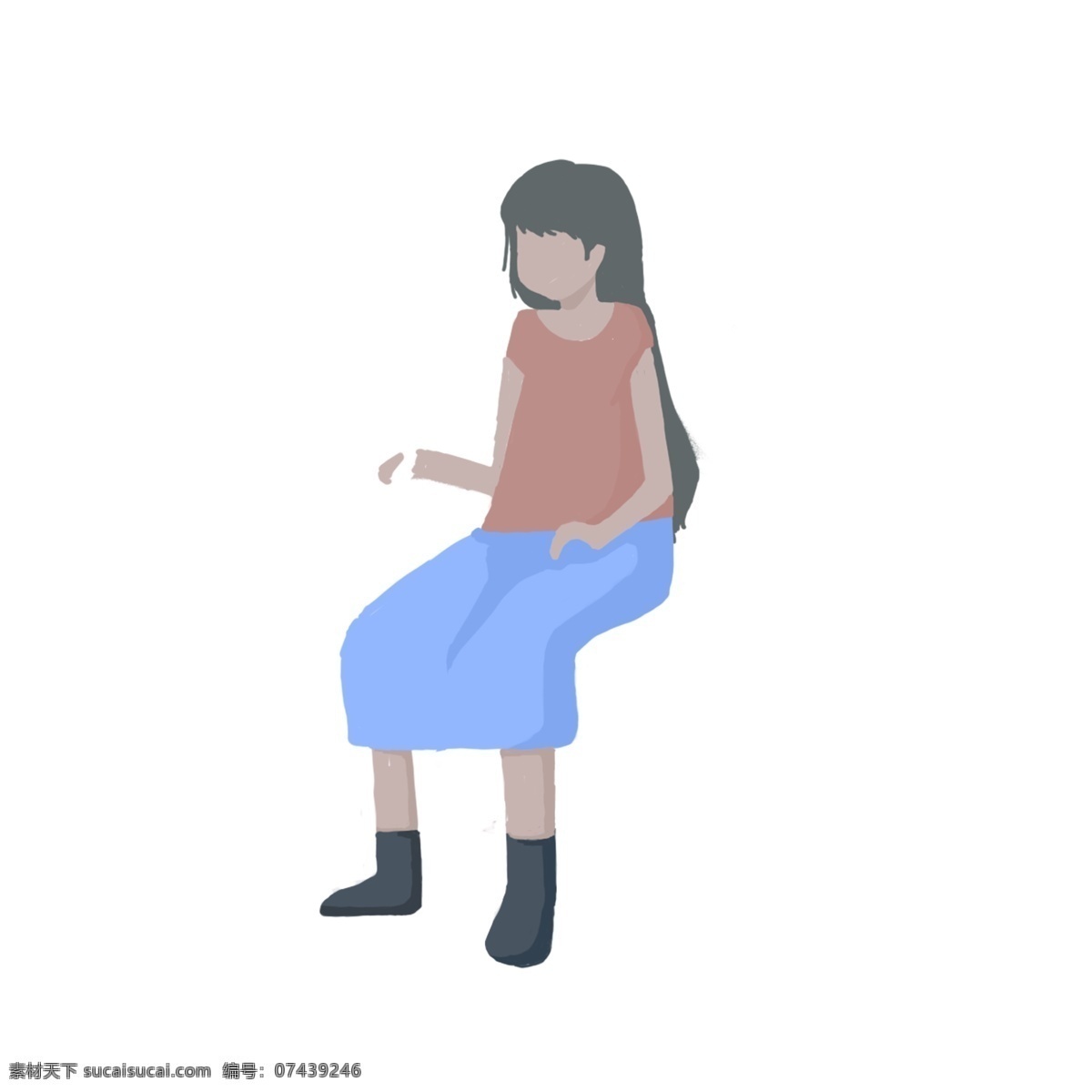 坐 女生 元素 学生 手绘 卡通