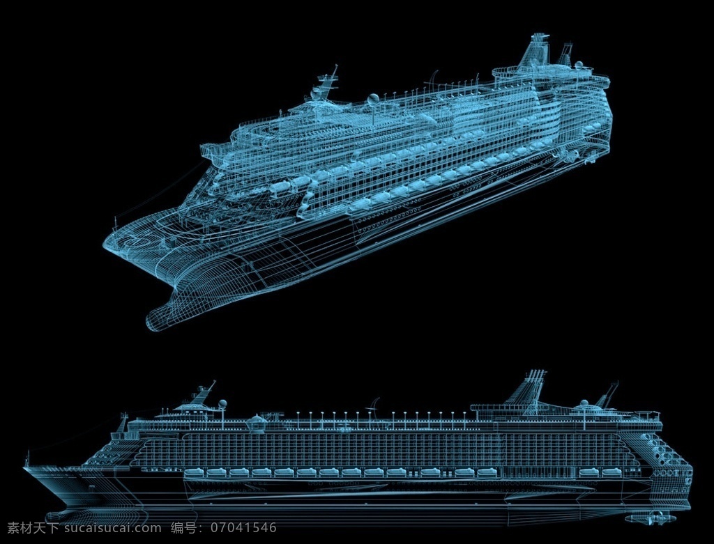游轮透视图 游轮 客轮 三维线框 三维线条 三维轮船 客船 游船 分层 源文件