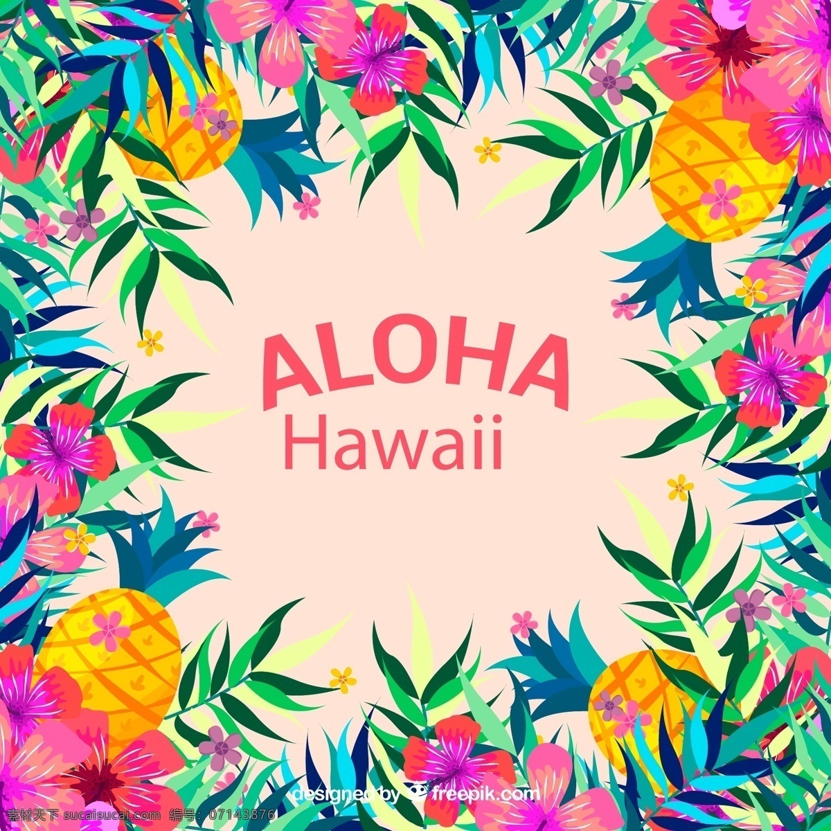 花草 水果 框架 扶桑花 棕榈树叶 凤梨 彩绘 夏威夷 花卉 矢量 高清图片
