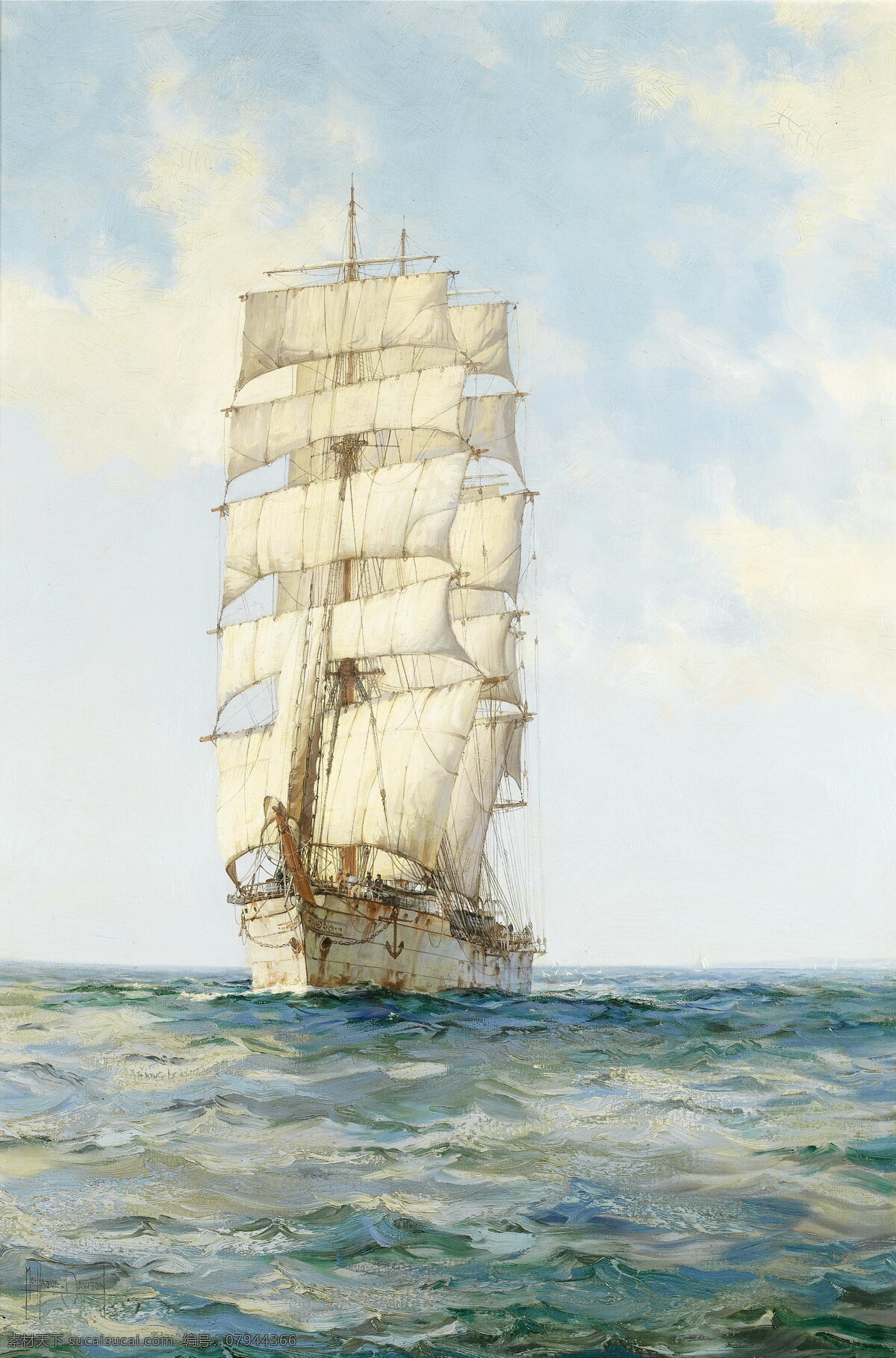 海上帆船 欧洲油画 大海 海水 大帆船 船只 船舶 蓝天 白云 文化艺术 绘画书法