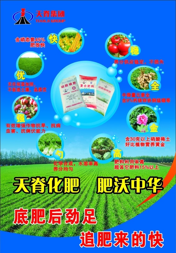 农业海报 天脊化肥标志 化肥 玉米地 小麦 苹果 蔬菜 白菜 西瓜 花草 花生 西红柿 艺术造型 气泡 蓝色背景 蔬菜地 中 营养 成分 农业 矢量