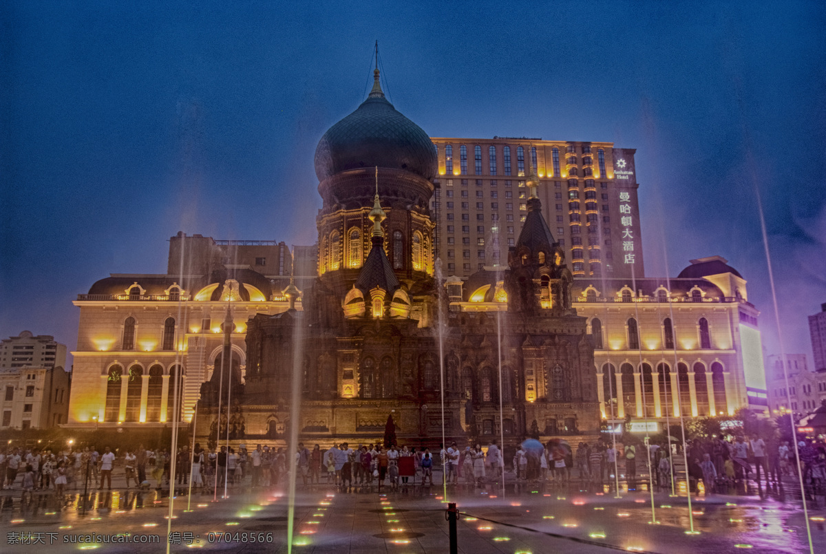 哈尔滨 圣索 菲亚 大 教堂 圣索菲亚 哈尔滨教堂 喷泉 夜景 教堂喷泉 摄影景观 旅游摄影 国内旅游