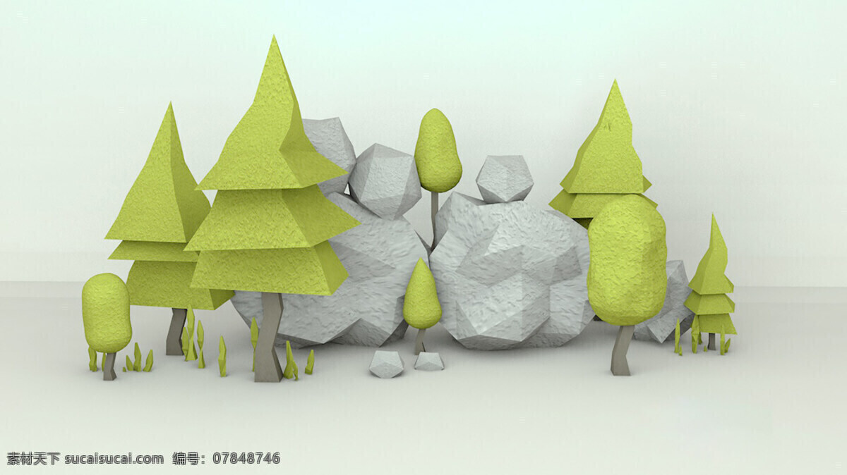 c4d 森林 场景 卡通 石头 松树 插画 3d设计 3d作品 电商 艺术 立体画