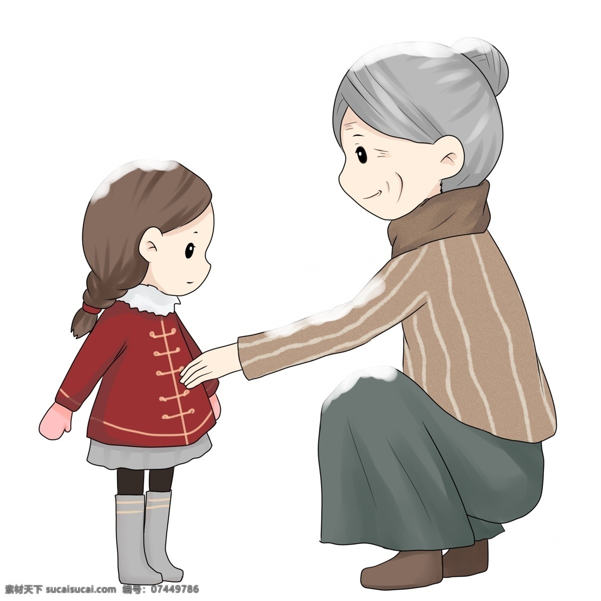 腊八节 就是 年 插画 奶奶 妈妈 女孩 小女孩 拥抱 红色衣服 冬天